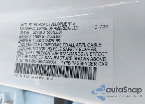 2022 Acura Tlx A-Spec Package z USA, uszkodzony, nr VIN 19UUB6F56NA000394